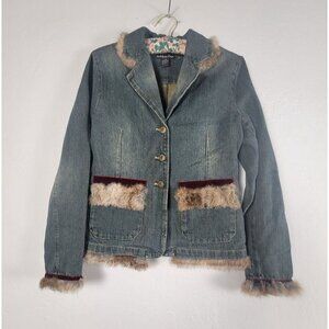 Rubber Doll Denim Jacket Women's Medium Blue Long Sleeve Faux Fur Lace Trim Y2K